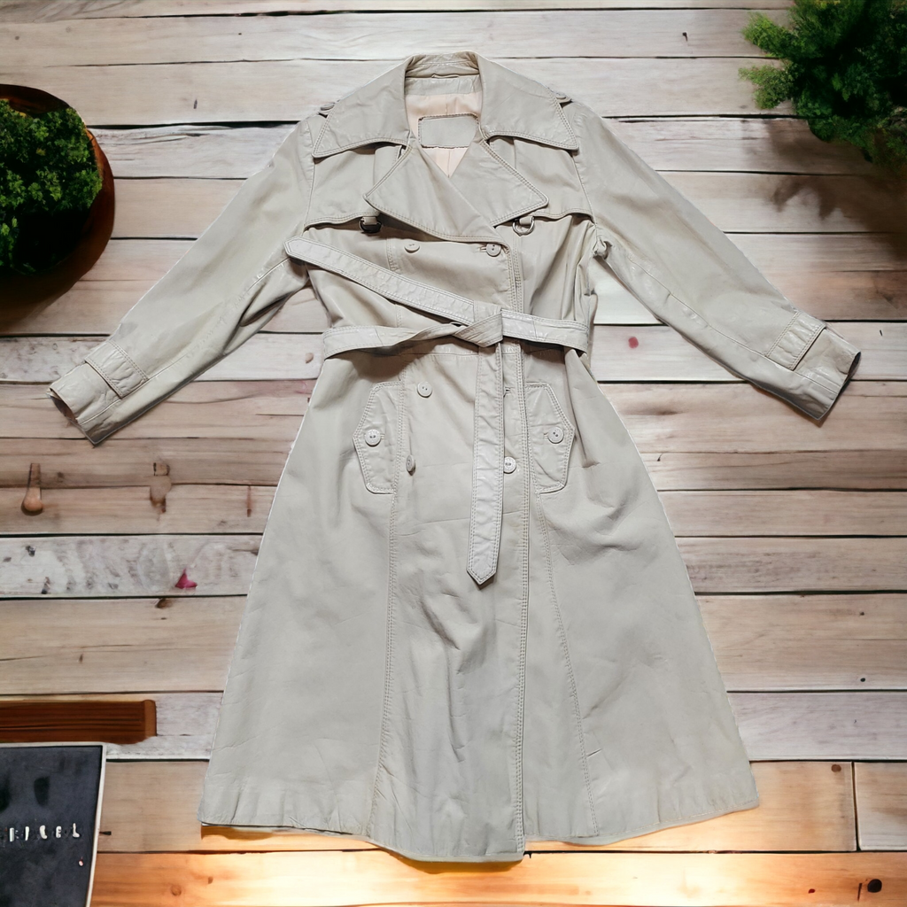 70s Vintage Leather Trenchcoats Bone Belted Leather Trench Coat Size M 