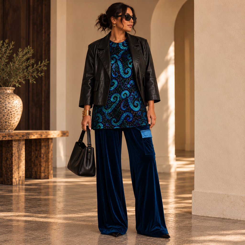 Midnight Blue Velvet Wide-Leg Cargo Pants