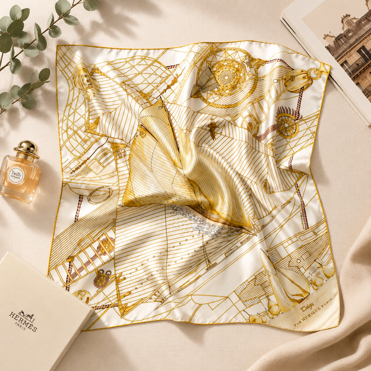 Hermès “Tuiga” Silk Scarf – Gold & Ivory Nautical Print Vintage Hermès “Tuiga” Silk Scarf by Dominik A. Jarlegant