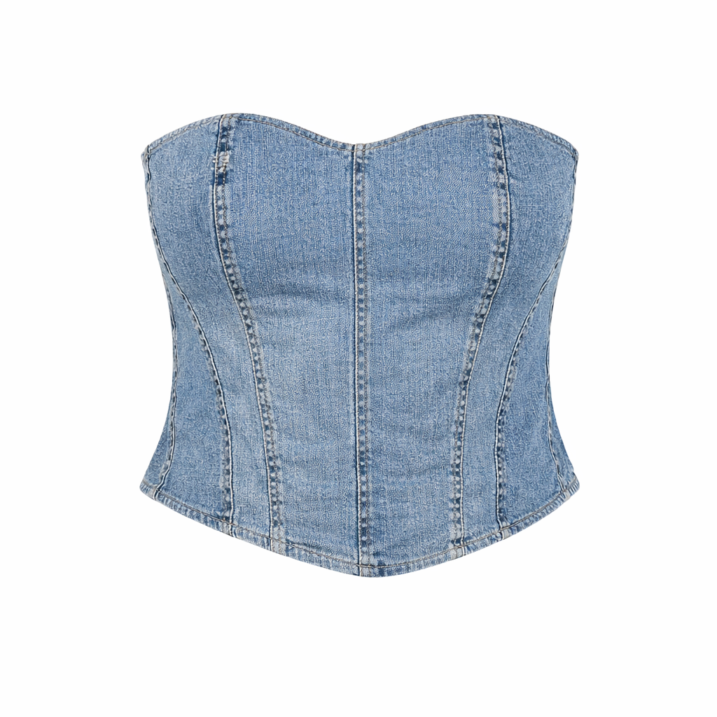 90s Vintage Denim Corset Bustier | Strapless Lace Up Back Denim Top | Size M