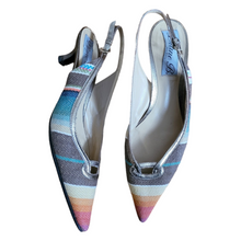 Load image into Gallery viewer, Diane B Pointy Toe Kitten Heel Stripe Linen Slingback Heels Shop Womens Preowned Designer Shoes Lucille Golden Vintage 
