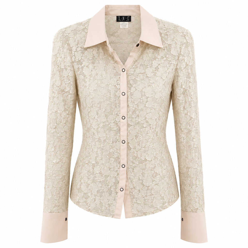 I.N.C. Cream Floral Lace Button-Up Blouse with Satin Collar | Y2K Romantic