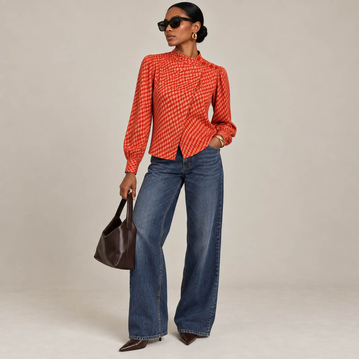 JONES NEW YORK Vintage Long Sleeve Mock Neck Blouse