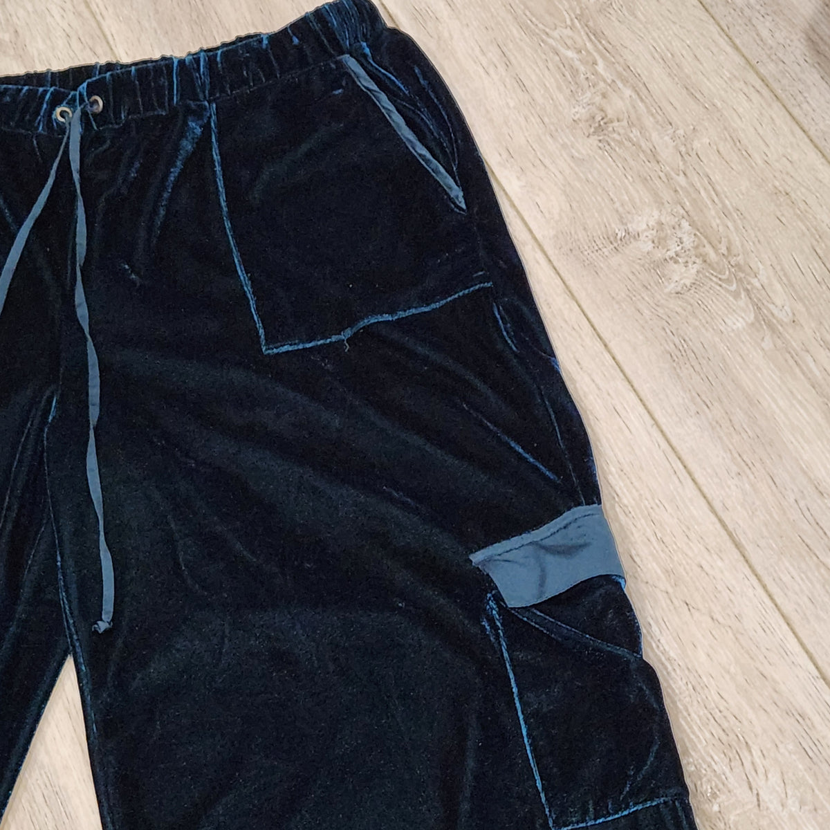 Midnight Blue Velvet Wide-Leg Cargo Pants