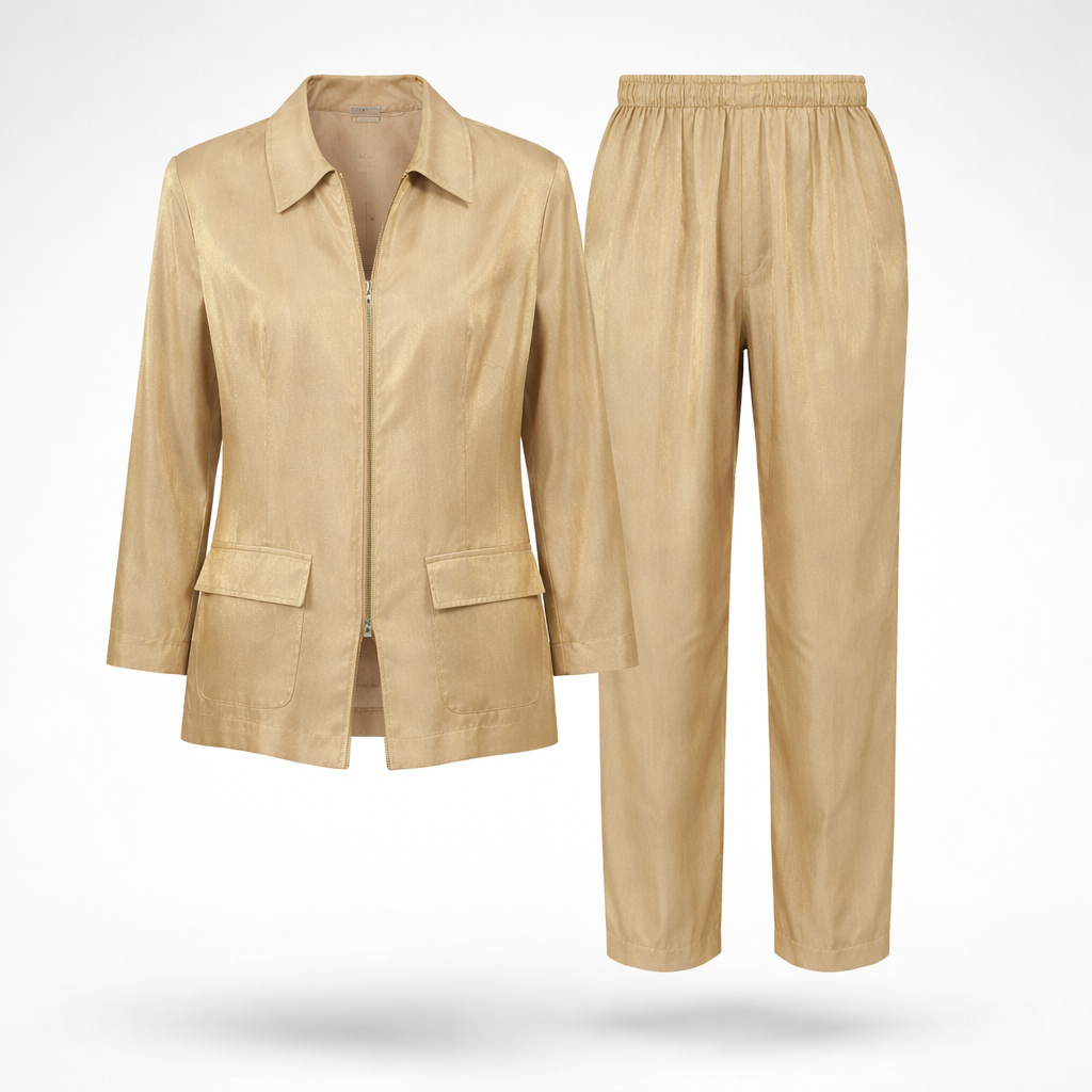 Vintage Champagne Gold Silk Lounge Set – 90s Minimalist Jacket & Trousers – Made in USA