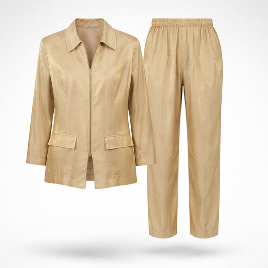 Vintage Champagne Gold Silk Lounge Set – 90s Minimalist Jacket & Trousers – Made in USA