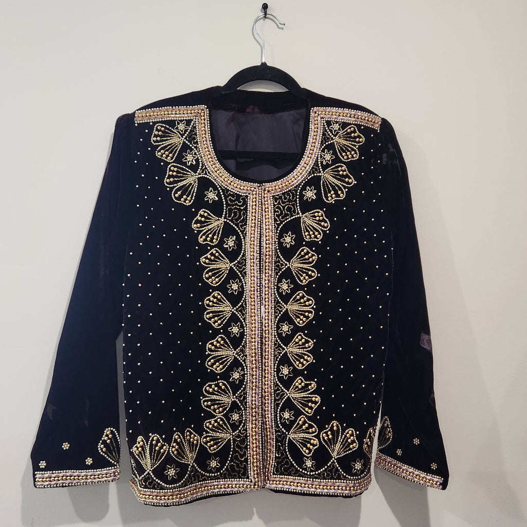 Vintage Black Cherry Velvet Beaded Evening Jacket | Gold Embroidery