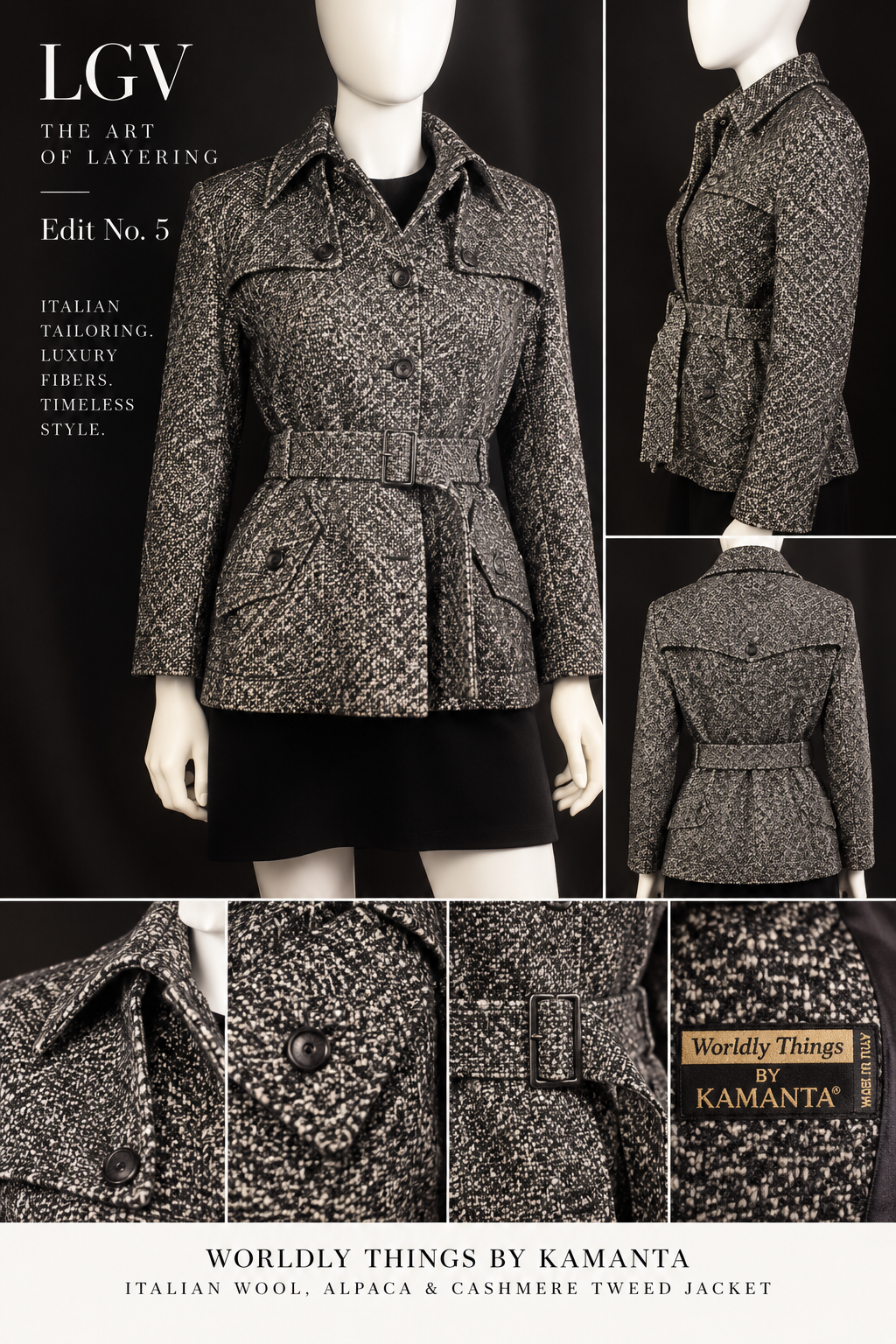Worldly Things by Kamanta Italian Wool, Alpaca & Cashmere Belted Tweed Jacket
