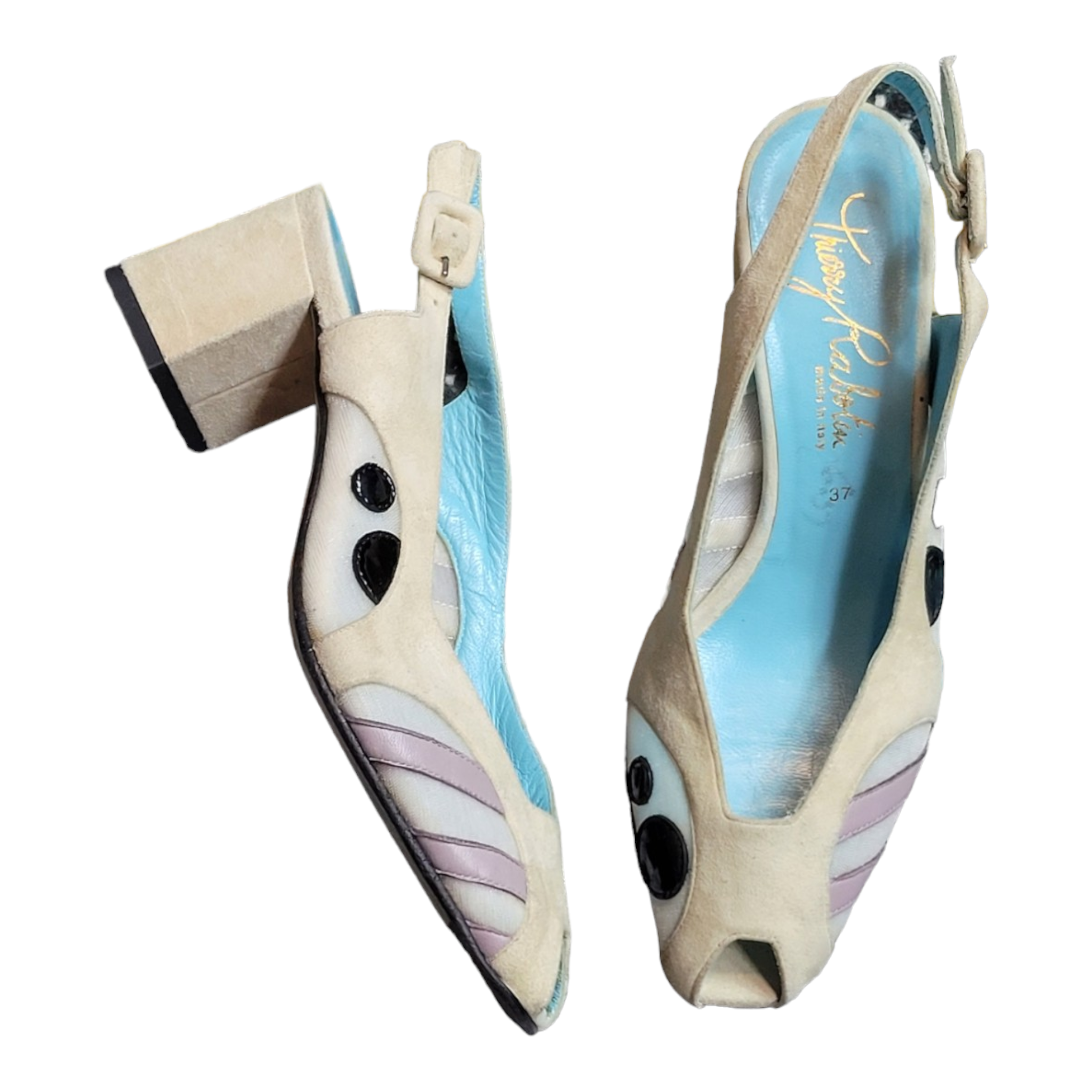 Thierry Rabotin Slingback Block Peeptoe Mesh Leather Pumps Size 37