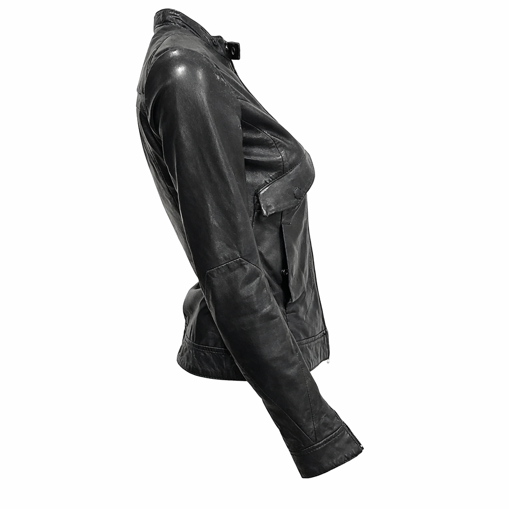G-Star Raw Black Leather Moto Jacket – Fitted Minimalist Zip Style | Size XS