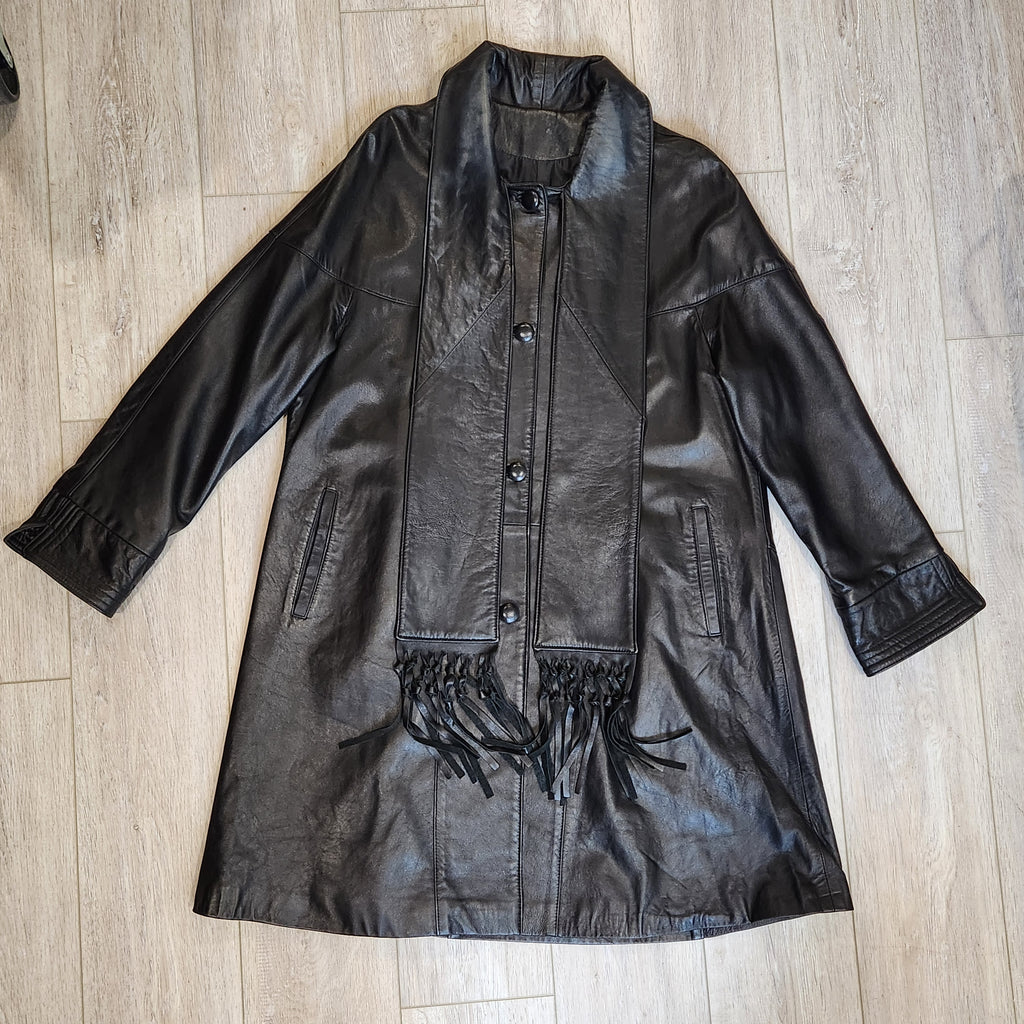 Jeannette Andrall Vintage Black Leather A-Line Coat with Attached Fringed Scarf