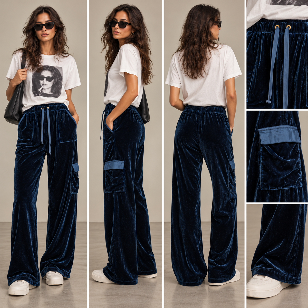 Midnight Blue Velvet Wide-Leg Cargo Pants