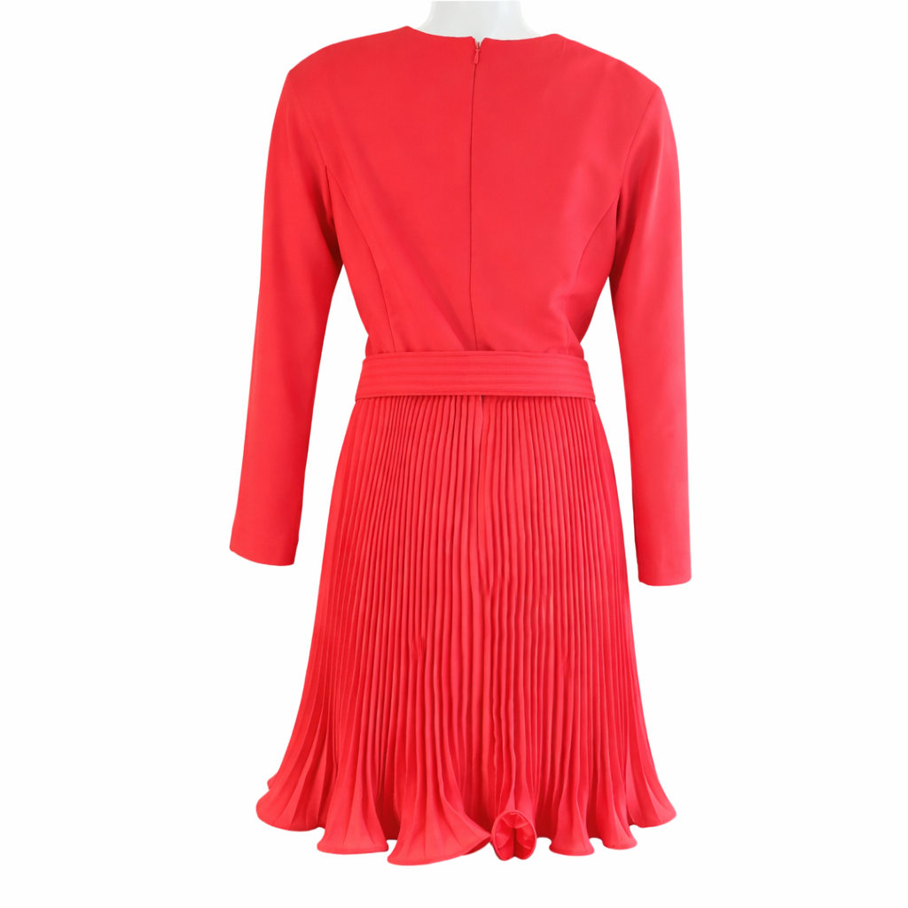 Vintage Scaasi for Bergdorf Goodman Red Pleated Belted Dress | 1980s Designer Fit & Flare Size S