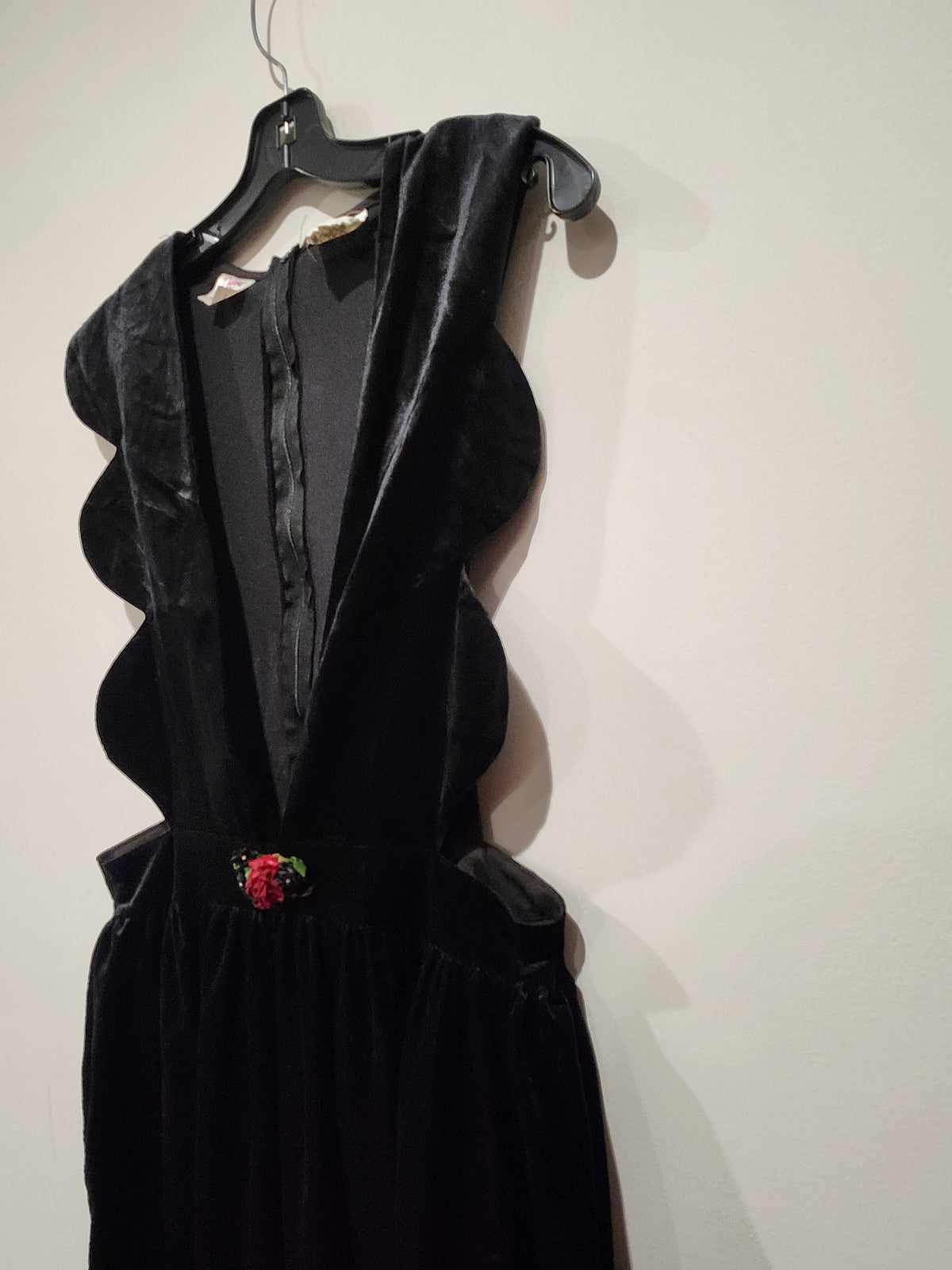 Vintage Harold Square Sculptural Black Velvet Jumper Dress with Rose Detail