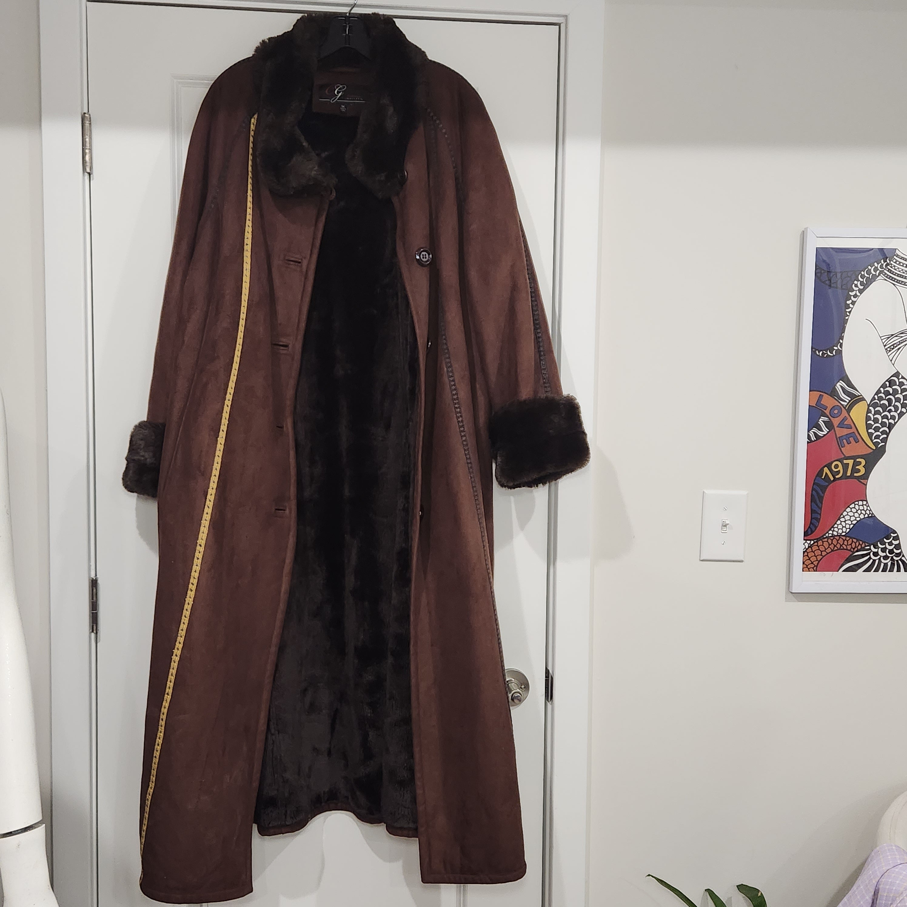 Gallery Collection Vintage Brown Suede Long Coat with Faux Fur Collar & Cuffs – Luxe Retro Outerwear Luxury, Retro, Suede Coat, Faux Fur Coat, Long Coat, Classic Outerwear, Elegant Winter Coat, 1970s–1990s Vintage Gen X Style Size 1X