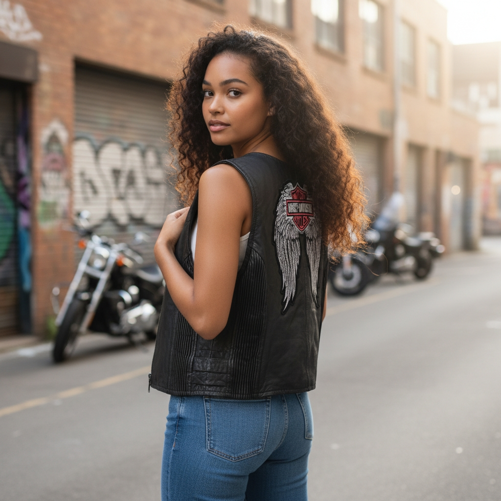 Vintage Black Leather Motcorcycle Club Riding Vest Black Betty Boop, Harley Davidson Patches Size L