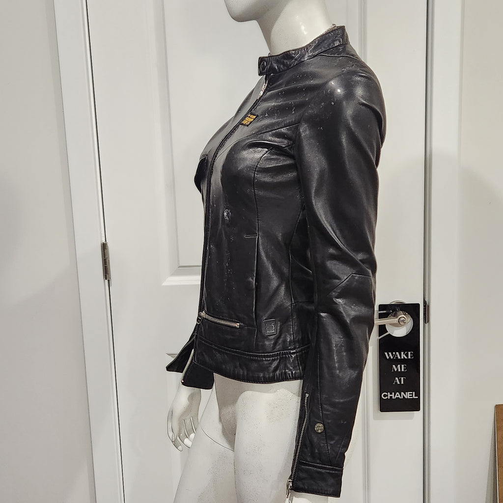 G-Star Raw Black Leather Moto Jacket – Fitted Minimalist Zip Style | Size XS