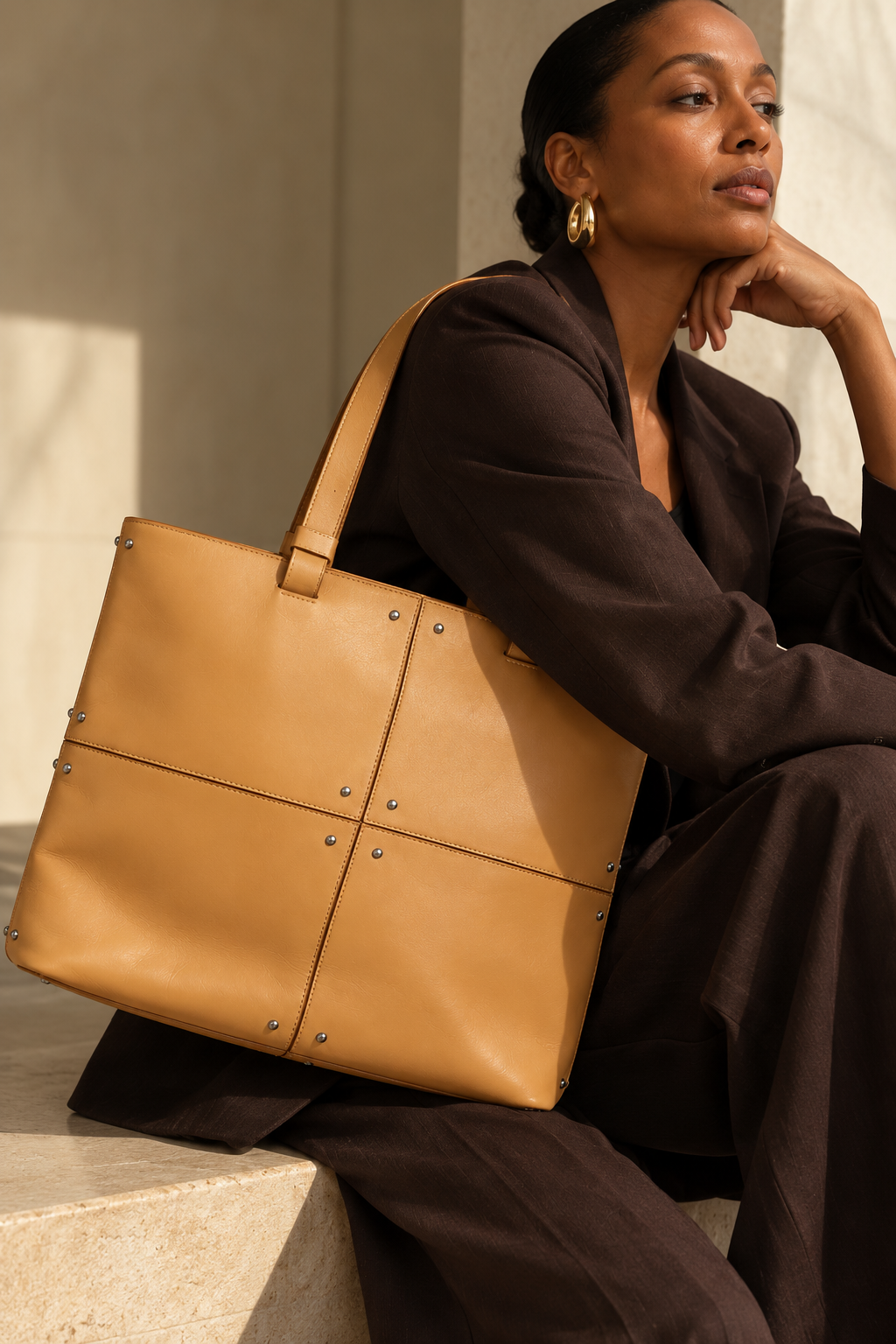 Early 2000s Tod’s Camel Leather Studded Panel Tote