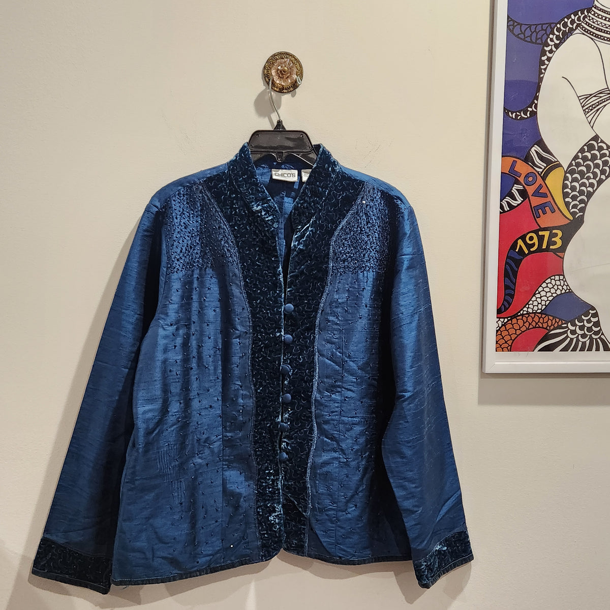 Chico's Blue 100% Silk Beaded Velvet-Trim Jacket Size 2
