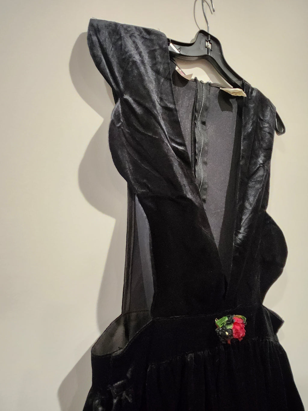 Vintage Harold Square Sculptural Black Velvet Jumper Dress with Rose Detail