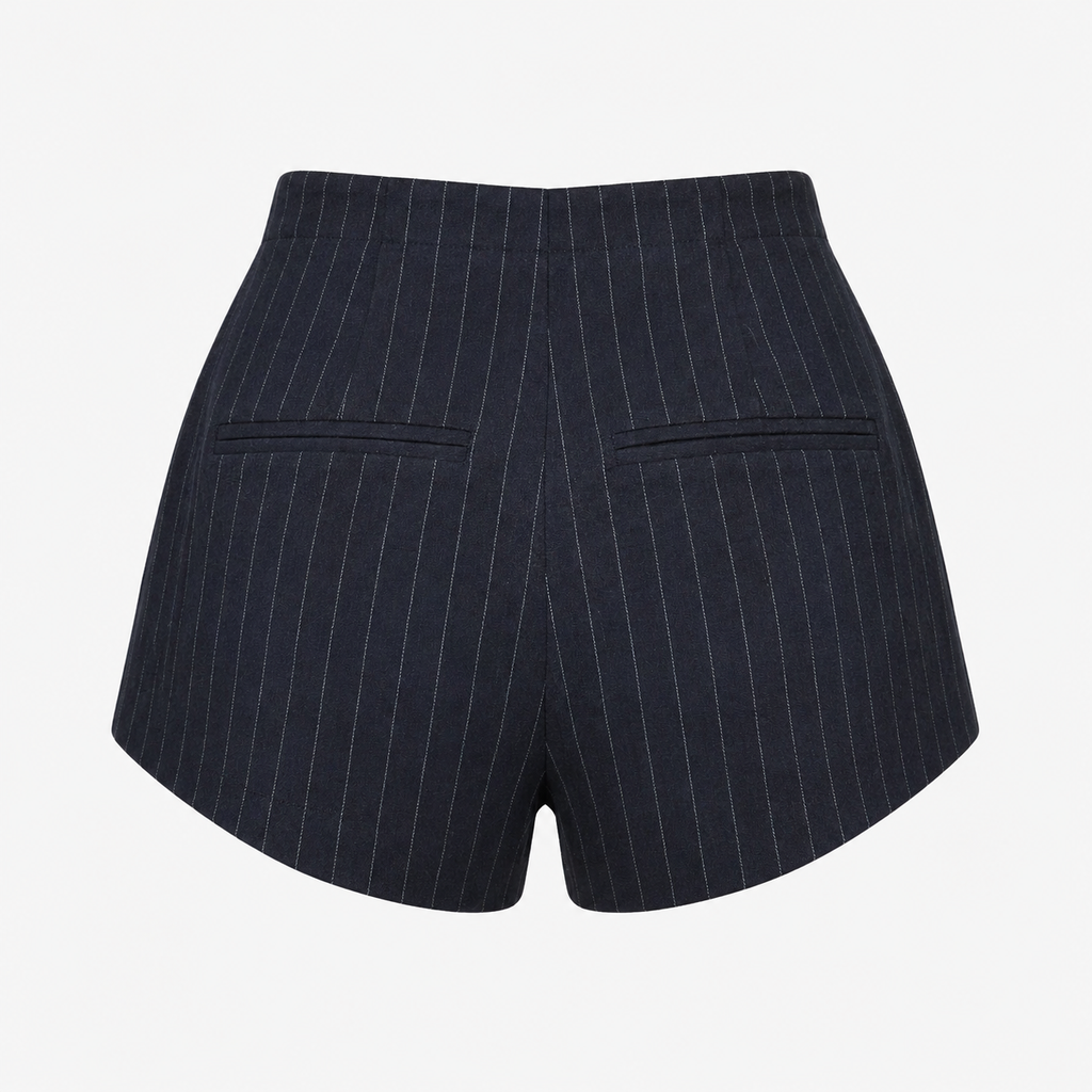 Navy Pinstripe Tailored Wool Shorts | Minimal 90s Luxury High Waist Shorts
