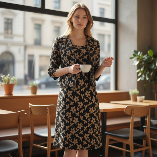 1950s Floral Print Sheath Dress & Jacket Size S