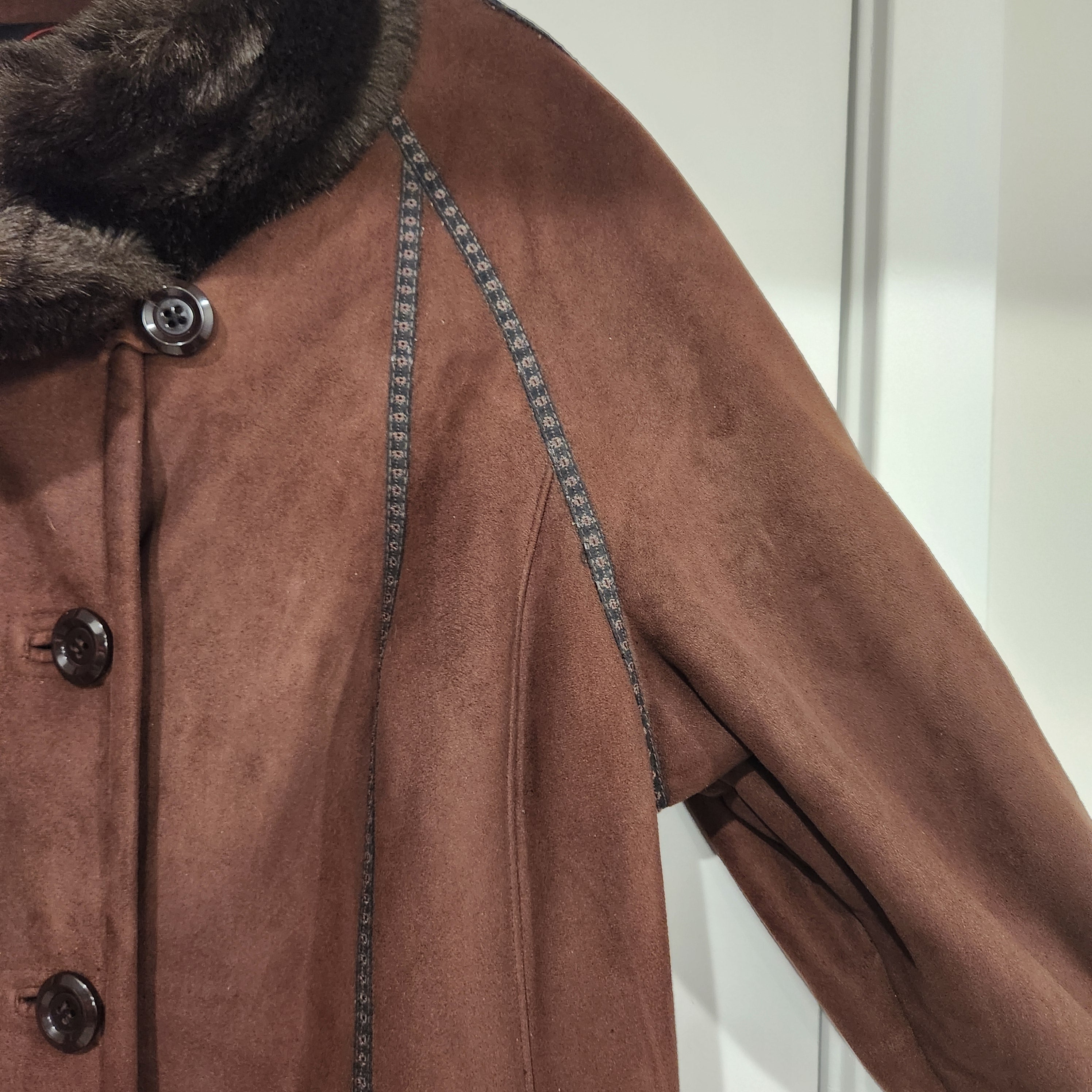 Gallery Collection Vintage Brown Suede Long Coat with Faux Fur Collar & Cuffs – Luxe Retro Outerwear Luxury, Retro, Suede Coat, Faux Fur Coat, Long Coat, Classic Outerwear, Elegant Winter Coat, 1970s–1990s Vintage Gen X Style Size 1X