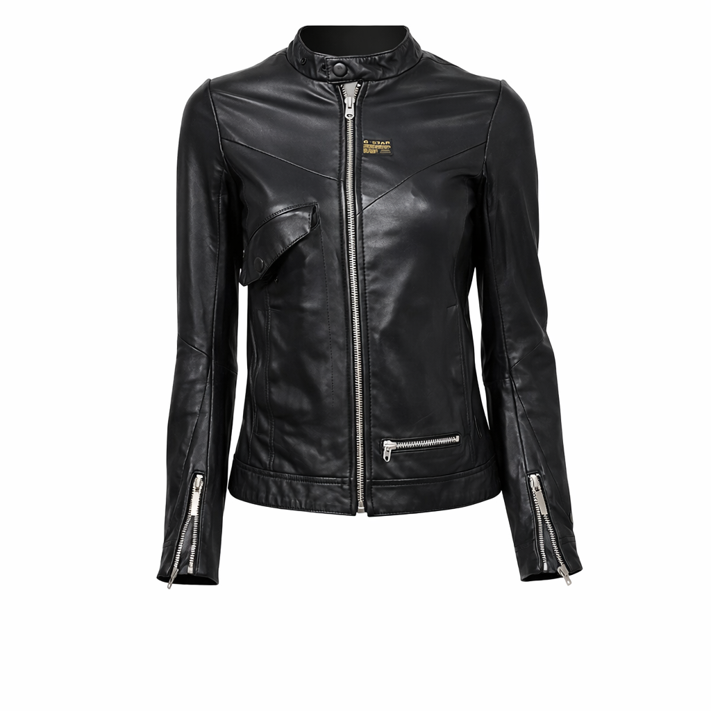 G-Star Raw Black Leather Moto Jacket – Fitted Minimalist Zip Style | Size XS