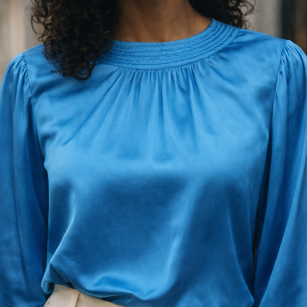 Vintage Pierre Cardin Silk Blouse – Electric Blue Bishop Sleeve Tunic – Paris New York Boutique Size M
