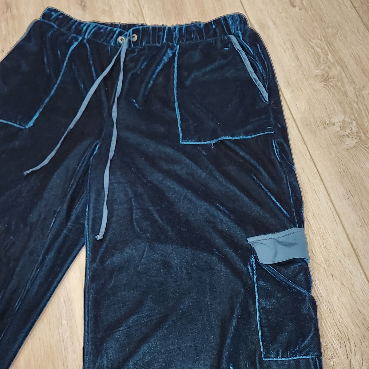 Midnight Blue Velvet Wide-Leg Cargo Pants