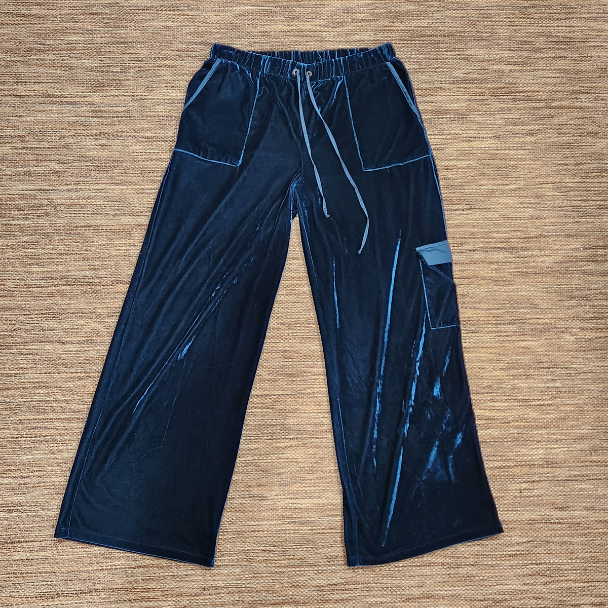 Midnight Blue Velvet Wide-Leg Cargo Pants