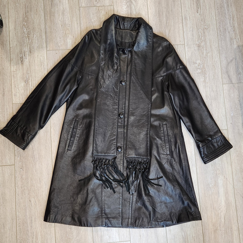 Jeannette Andrall Vintage Black Leather A-Line Coat with Attached Fringed Scarf
