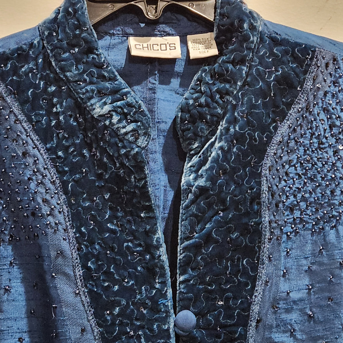 Chico's Blue 100% Silk Beaded Velvet-Trim Jacket Size 2