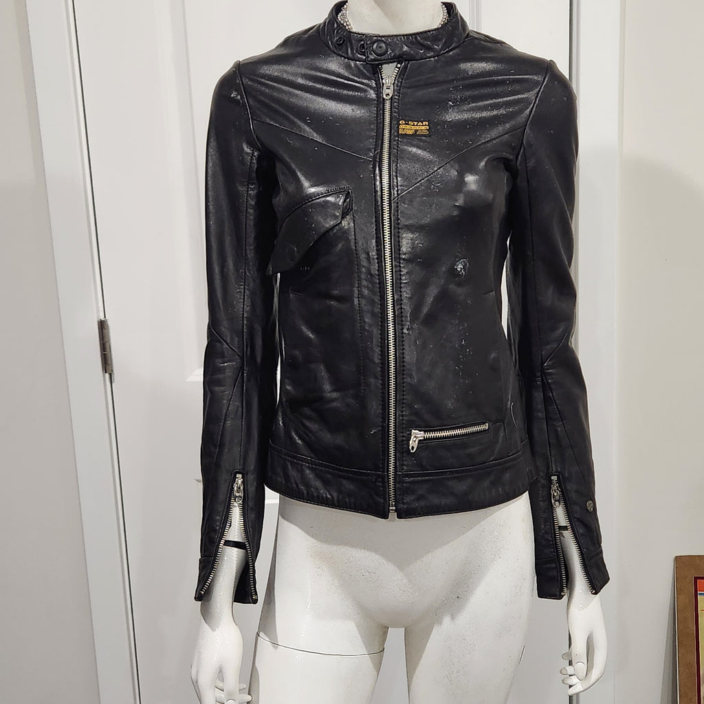 G-Star Raw Black Leather Moto Jacket – Fitted Minimalist Zip Style | Size XS