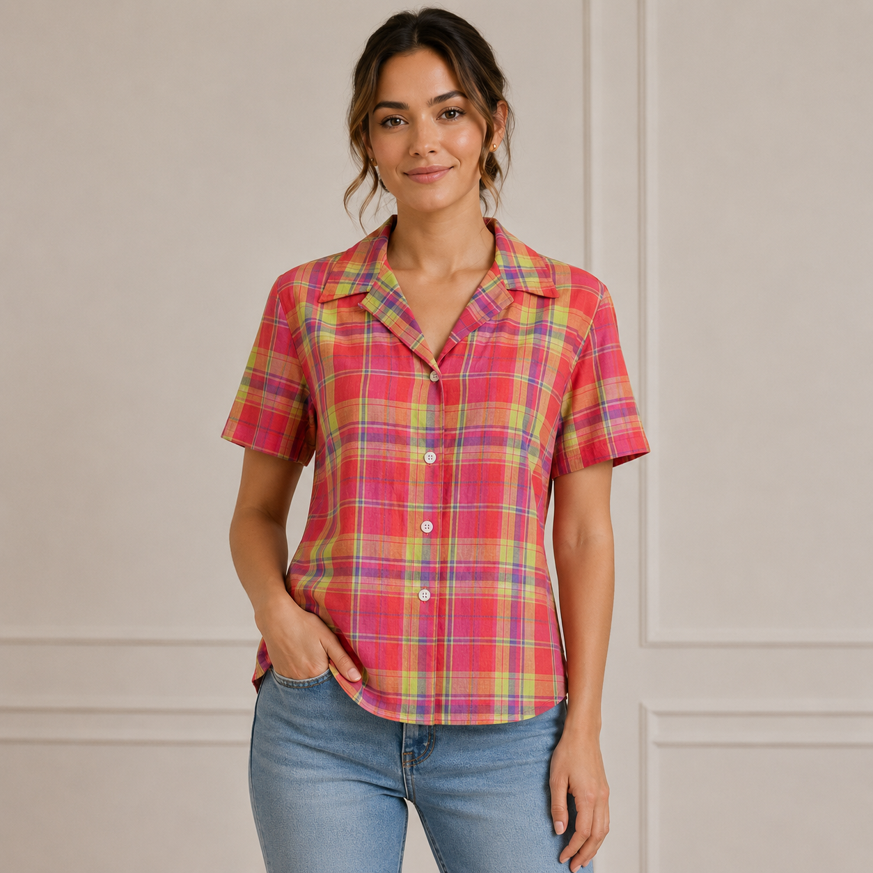 90s Vintage Madras Silk & Linen Plaid Camp Shirt Size S