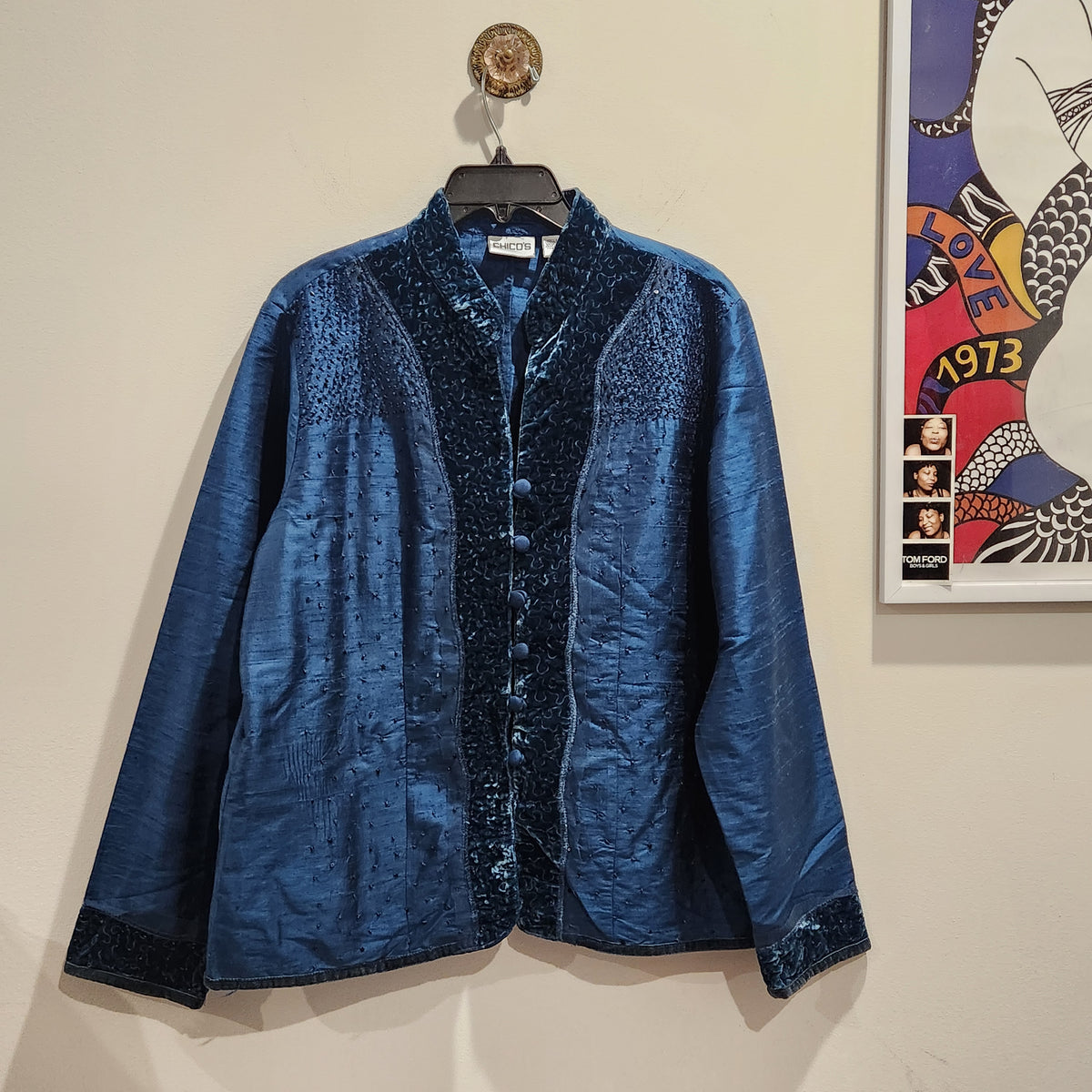 Chico's Blue 100% Silk Beaded Velvet-Trim Jacket Size 2