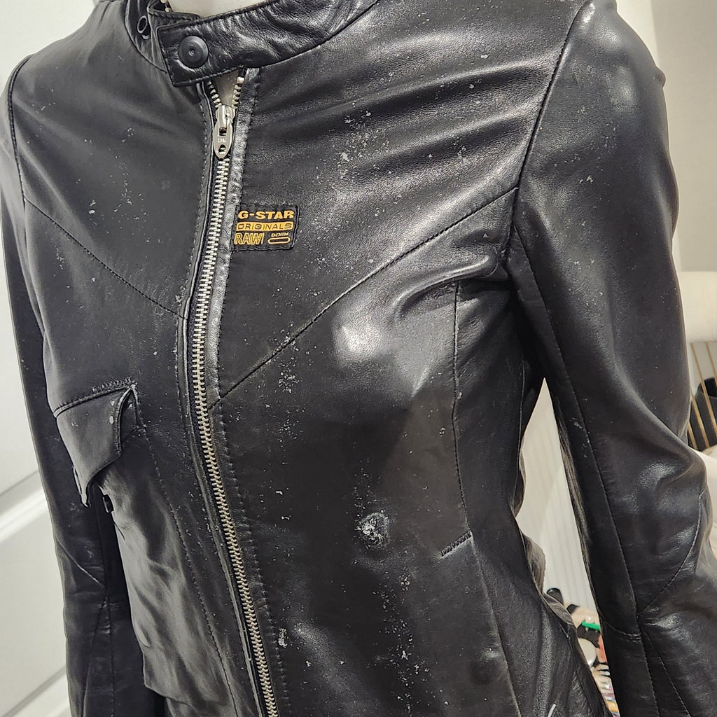 G-Star Raw Black Leather Moto Jacket – Fitted Minimalist Zip Style | Size XS