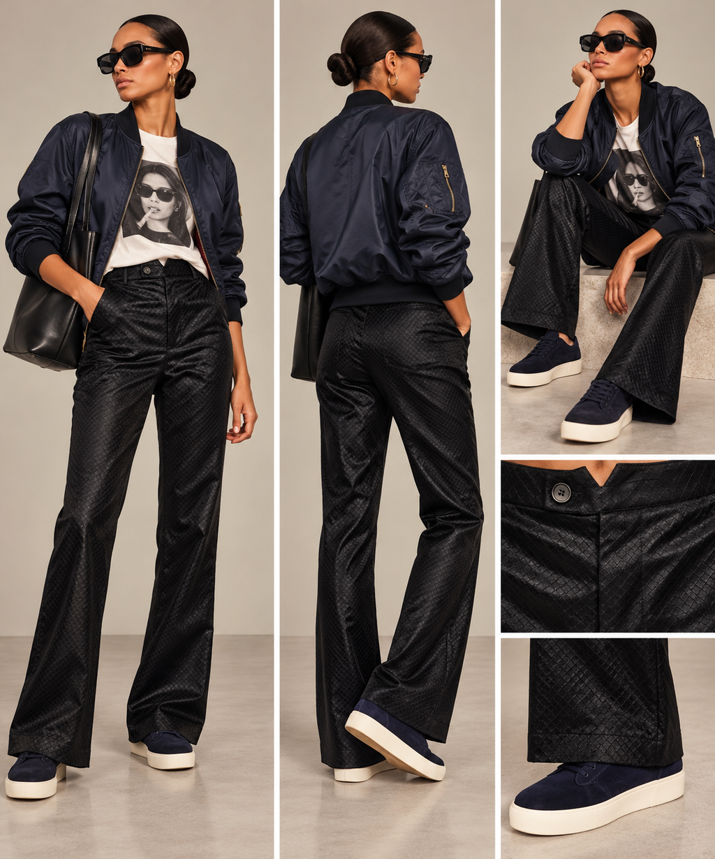 Vintage Black Diamond-Textured Velvet Flared Trousers
