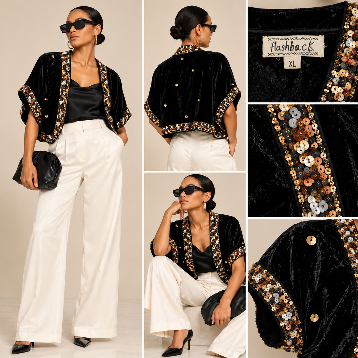Flashback Black Velvet Sequin-Trim Cropped Evening Jacket XL