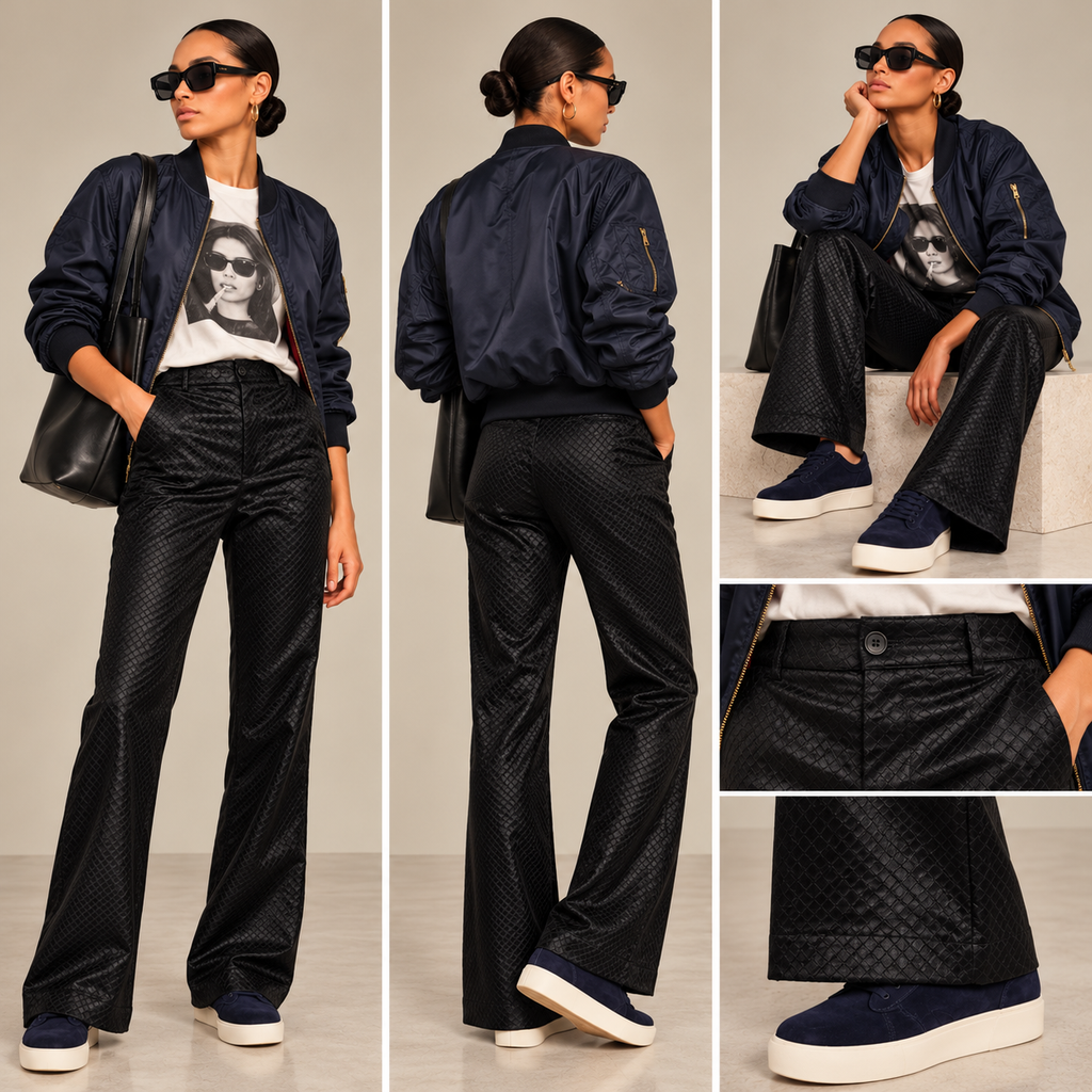 Vintage Black Diamond-Textured Velvet Flared Trousers