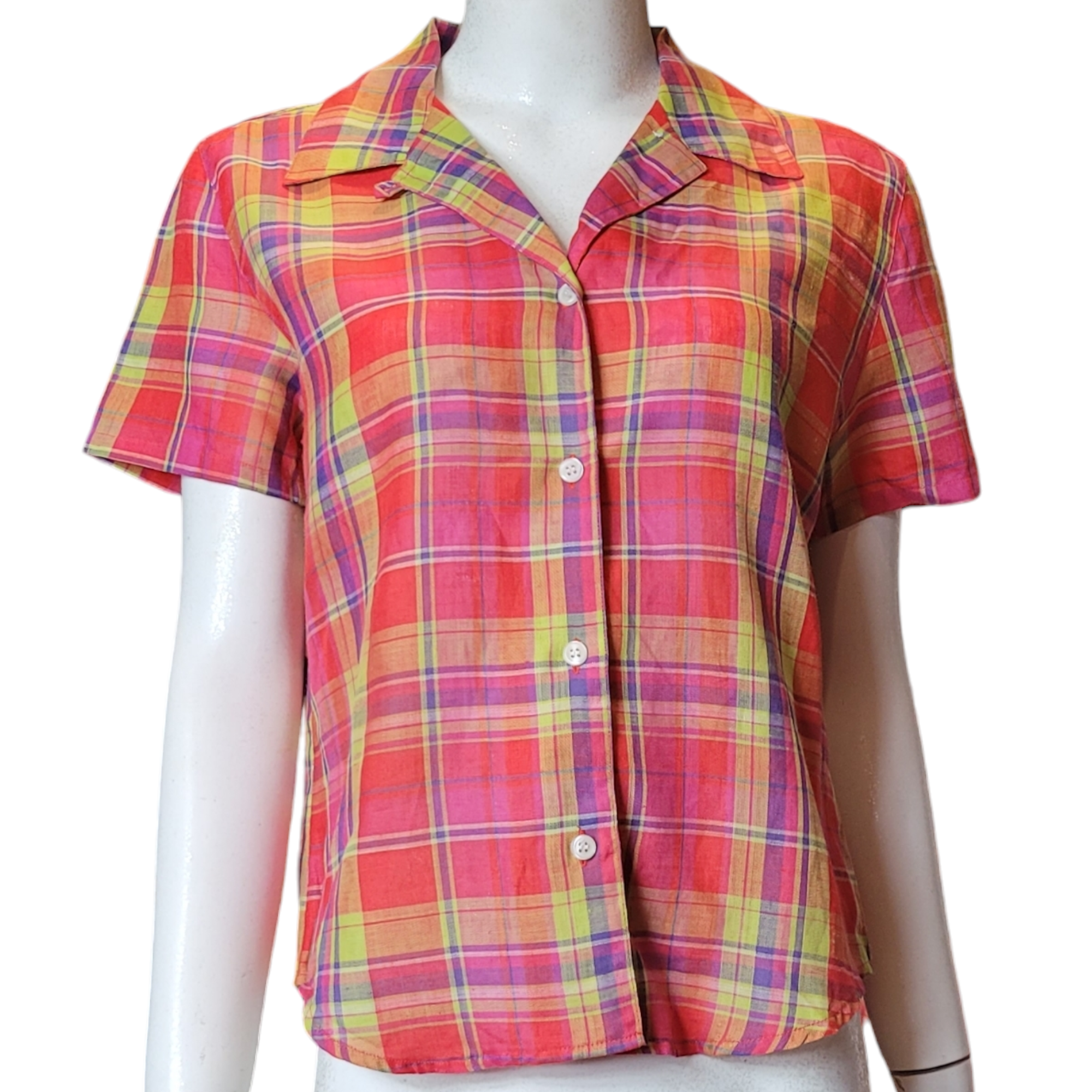 90s Vintage Madras Silk & Linen Plaid Camp Shirt Size S