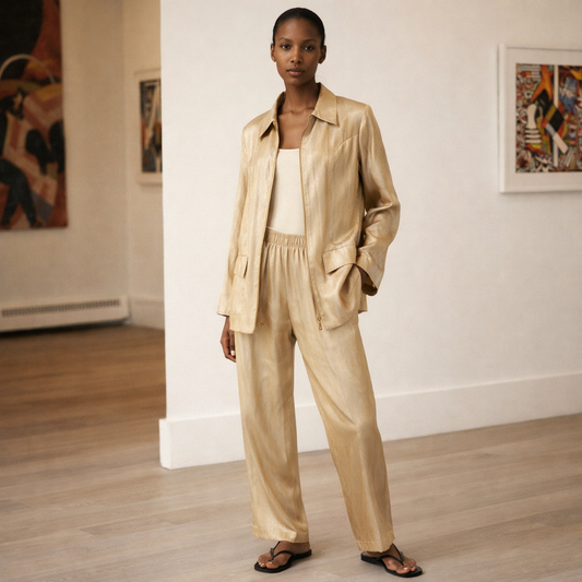 Vintage Champagne Gold Silk Lounge Set – 90s Minimalist Jacket & Trousers – Made in USA