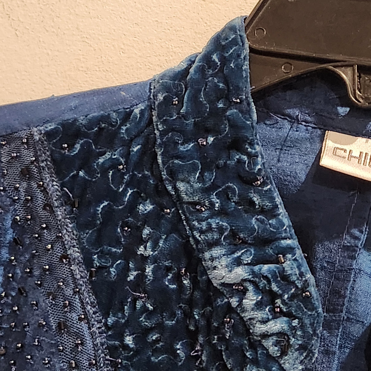 Chico's Blue 100% Silk Beaded Velvet-Trim Jacket Size 2