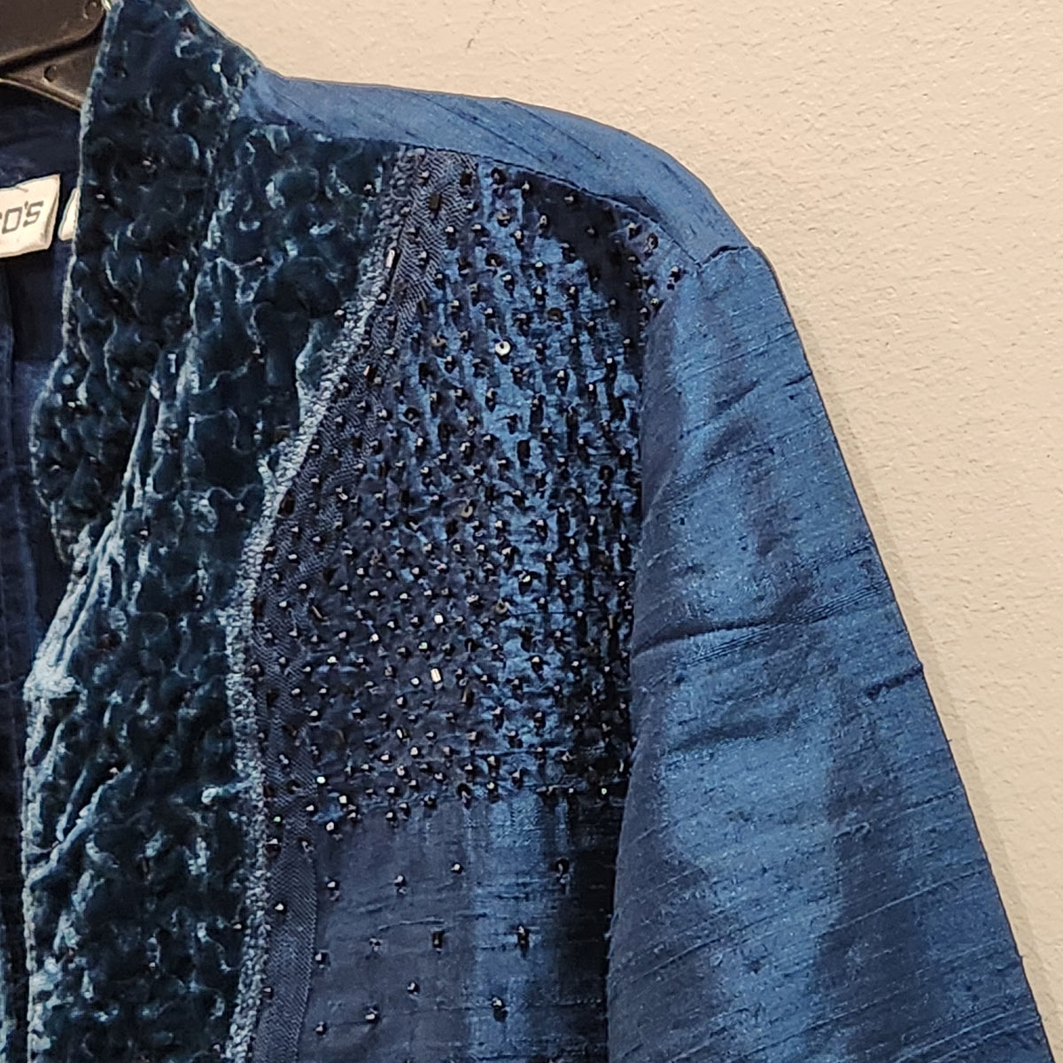 Chico's Blue 100% Silk Beaded Velvet-Trim Jacket Size 2
