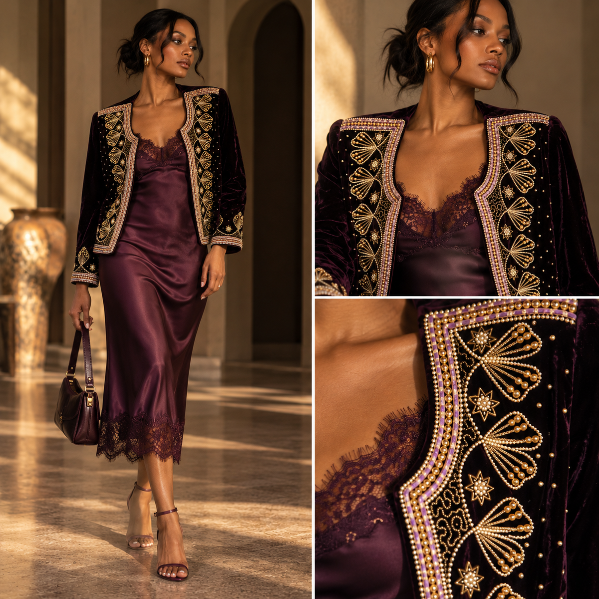 Vintage Black Cherry Velvet Beaded Evening Jacket | Gold Embroidery