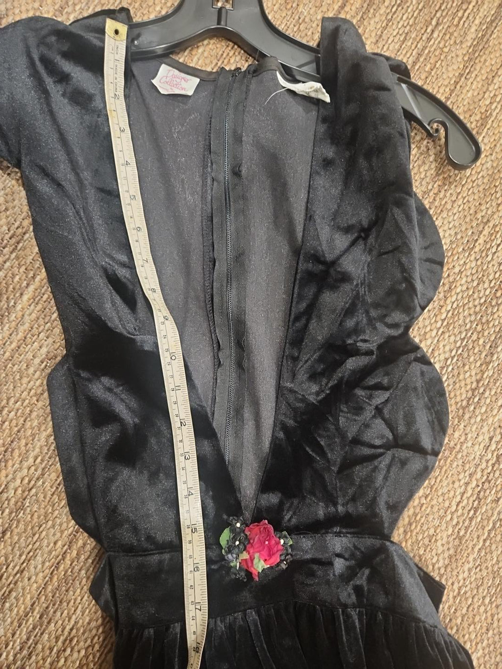 Vintage Harold Square Sculptural Black Velvet Jumper Dress with Rose Detail