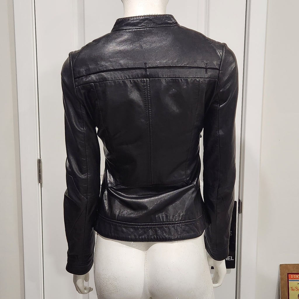 G-Star Raw Black Leather Moto Jacket – Fitted Minimalist Zip Style | Size XS