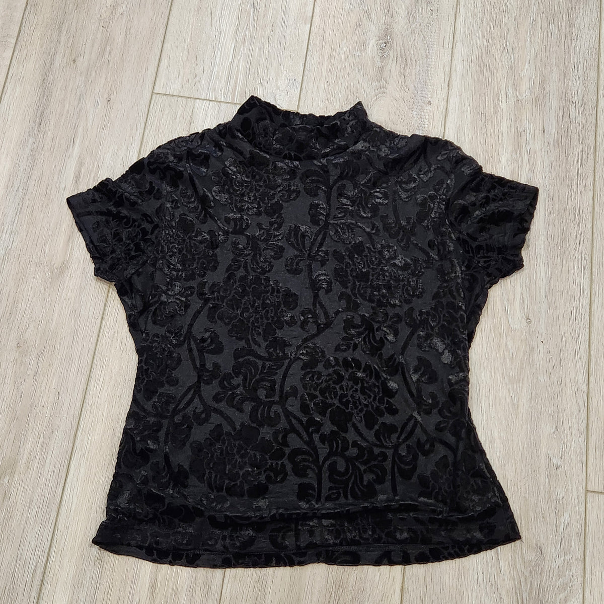 Vintage Casual Corner Black Floral Burnout Velvet Mock Neck Top