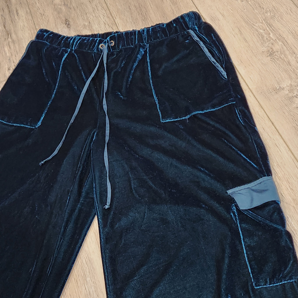 Midnight Blue Velvet Wide-Leg Cargo Pants