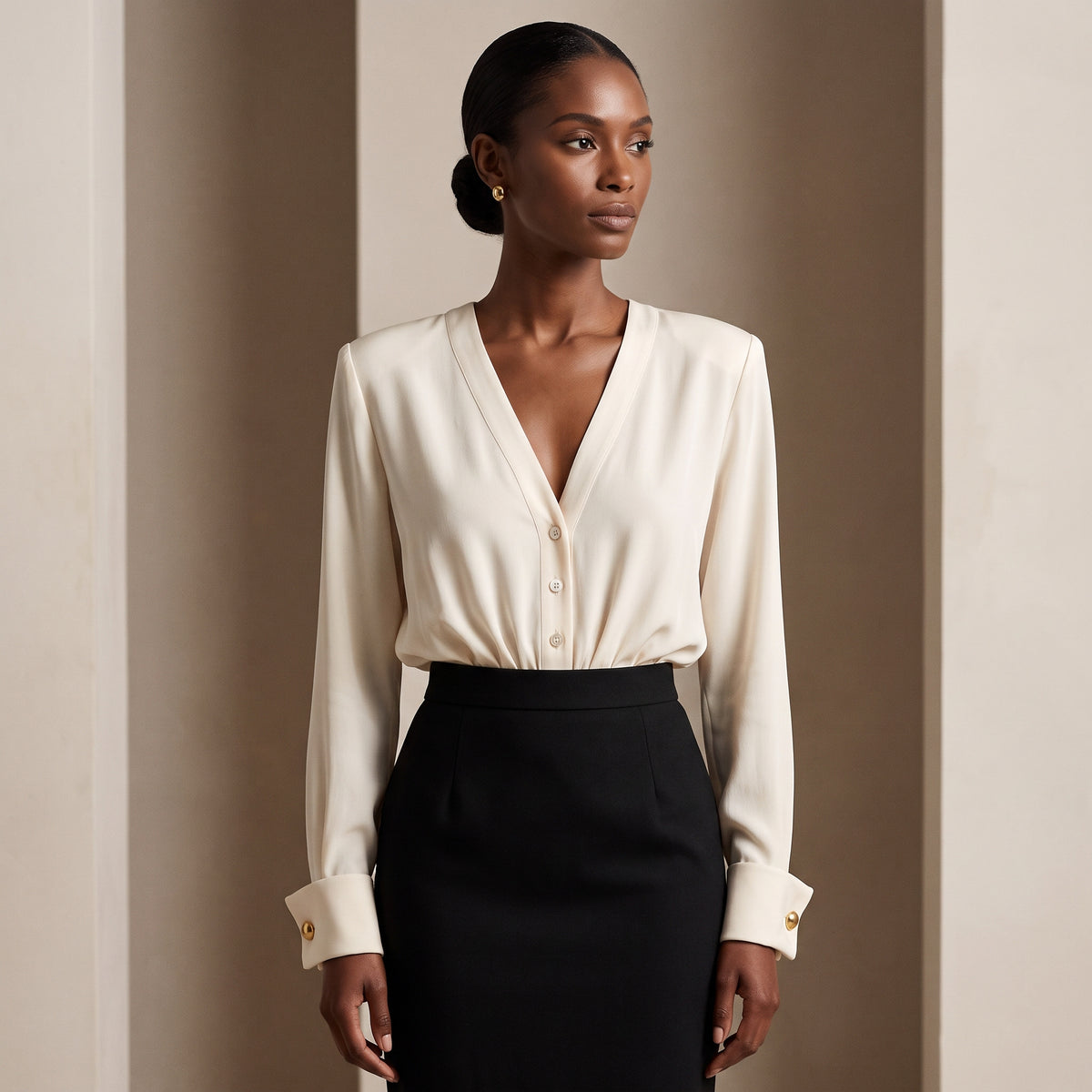 Vintage Donna Karan Ivory Silk Bodysuit Blouse, French Cuffs — Draped Waist | 1990s Designer Minimalist Size 10